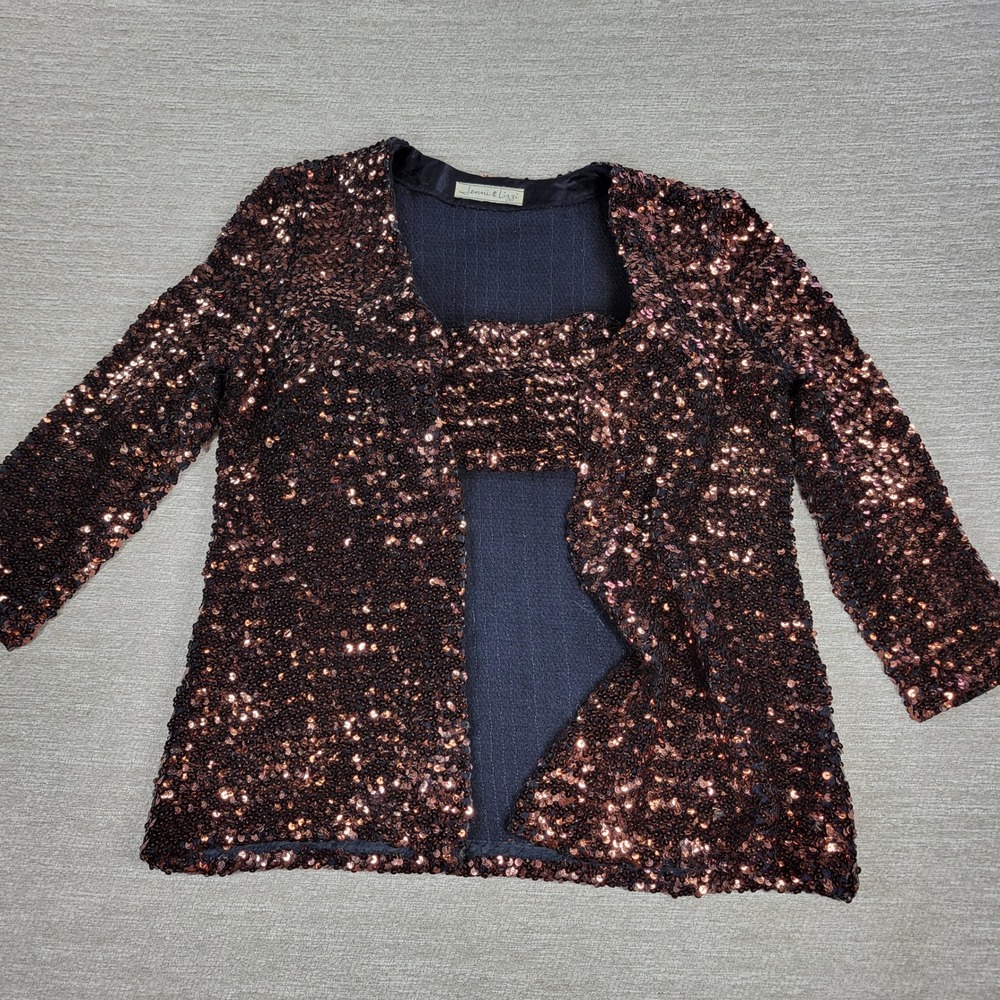 Jenni & Lizzi Sequin Jacket Bronze Metallic Open Front Hand Sewn Theatre Holiday
